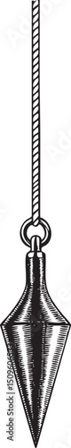 black and white plumb bob hangs suspended from a sturdy cord.