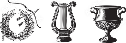 black and white depicts a lyre an urn and a bow with arrows.