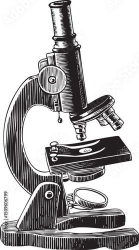 vintage black and white microscope rests on a wooden base.