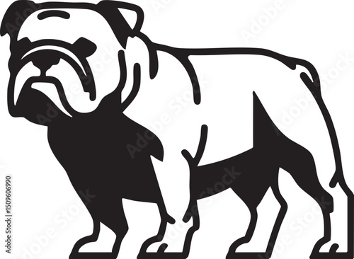 black and white bulldog stands confidently in a studio setting.
