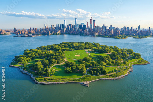 Aerial view of governors island in new york city with skyline and blue waters