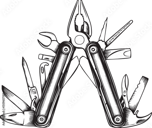 multi-tool displays its various blades and tools against a neutral background.