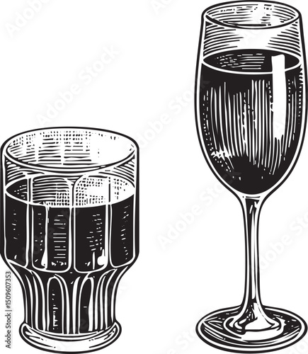Two glasses one short and one tall stand side-by-side.
