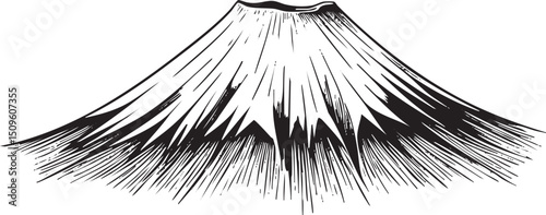 stylized black and white of a volcanic mountain.