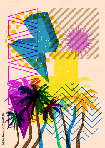 Risograph Palm Tree with geometric shapes. Objects in trendy riso graph print texture style design with geometry elements.