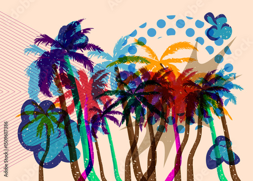 Risograph Palm Tree with geometric shapes. Objects in trendy riso graph print texture style design with geometry elements.