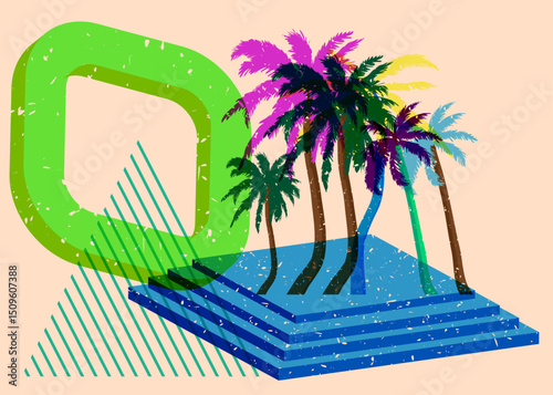 Risograph Palm Tree with geometric shapes. Objects in trendy riso graph print texture style design with geometry elements.