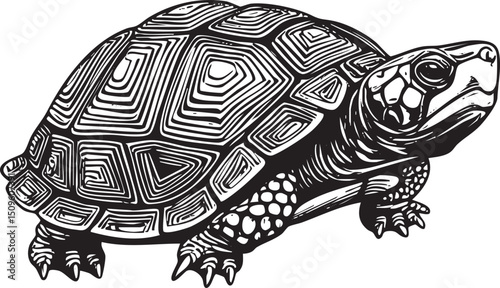 solitary turtle slowly moves across a white surface.