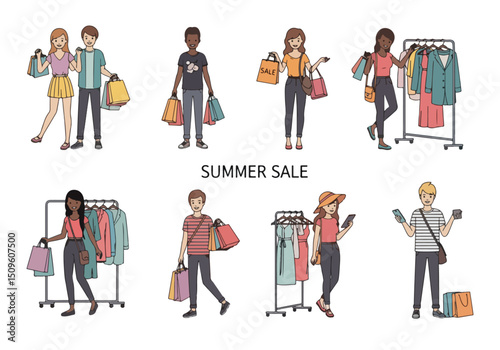 Summer Sale Scene: A diverse group of shoppers are seen enjoying the summer sale. People are holding shopping bags and browsing clothing racks.