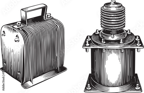 Two vintage electrical devices stand side-by-side in a detailed black and white .