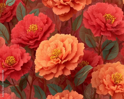Vibrant red and orange flowers with intricate details and green leaves.
