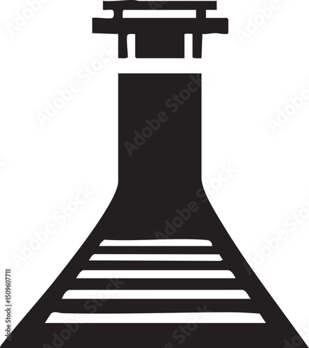 stylized black pagoda rises from a stepped base.