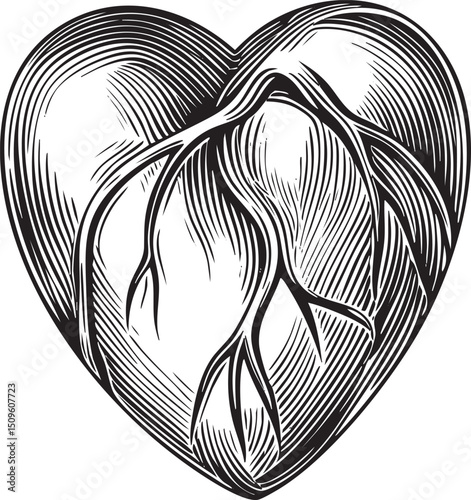detailed black and white heart showcases intricate vein .
