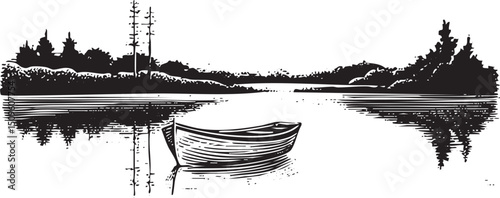 small wooden boat rests peacefully on a calm lake.