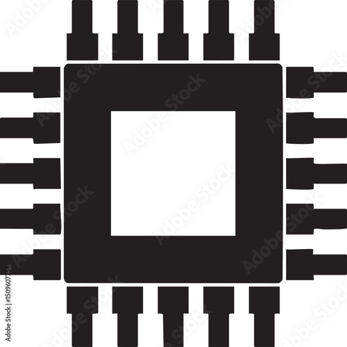 stylized black and white microchip displays numerous interconnected components.