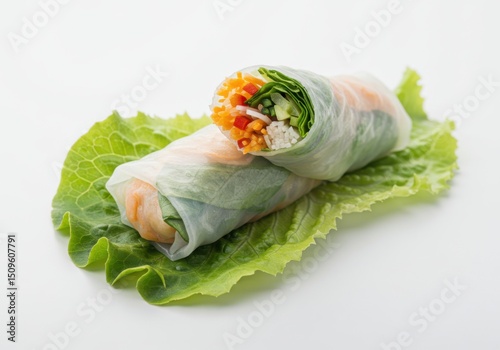 Two spring rolls with vegetables on a lettuce leaf on a bright background