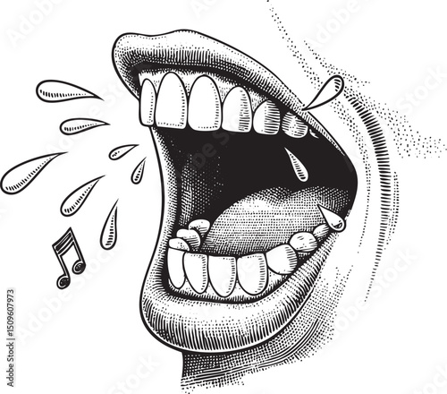 stylized depicts a person’s open mouth emitting musical notes and droplets.