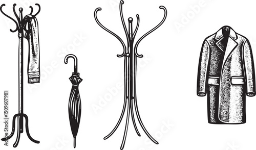 black and white displays a coat rack an umbrella and a jacket.