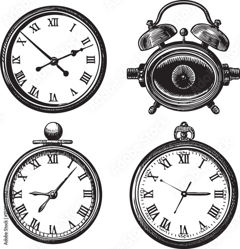 Four vintage clocks display various times in a detailed .
