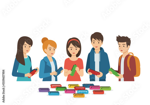 A Gathering of Minds: A close-up, digitally rendered illustration features five young people in a collaborative activity, surrounded by diverse objects, embodying teamwork and shared learning.