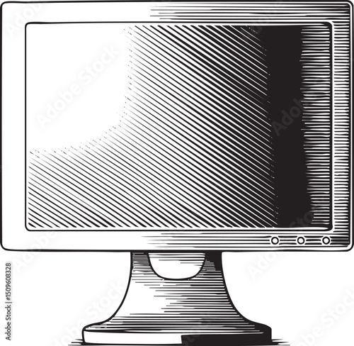 black monitor displays a dark screen against a simple pedestal.