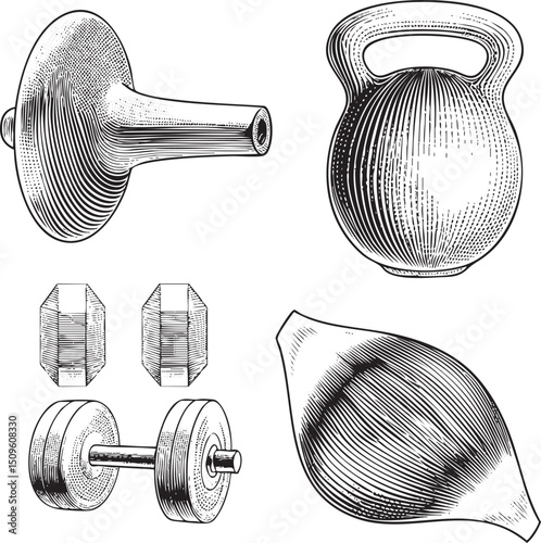Black and white depicts various weightlifting implements.