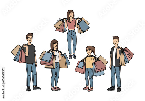 Shopping Spree: A group of enthusiastic shoppers, each carrying a multitude of colorful shopping bags, radiating the joy of a successful shopping adventure. Capturing retail happiness.