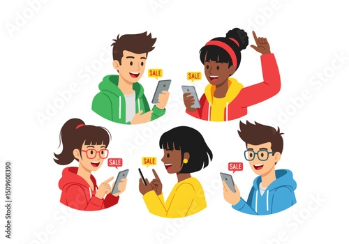 Sale Buzz: Energetic group engrossed in smartphone, captivated by online sales, embodying the tech-savvy consumer connecting in a digital world.