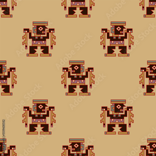 Seamless ethnic pattern with stylized human figurines. Indigenous Native American design of ancient Peru. Wari or Huari culture.