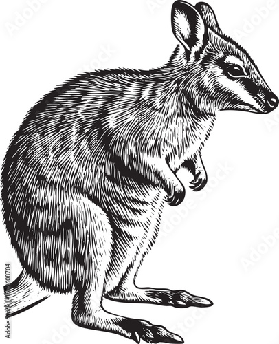 solitary wallaby stands alert poised for movement.
