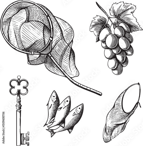 detailed black and white sketch depicts a basket overflowing with grapes a key a wine glass and a draped cloth.