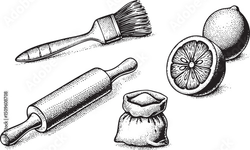hand-drawn showcases baking tools arranged on a white surface.