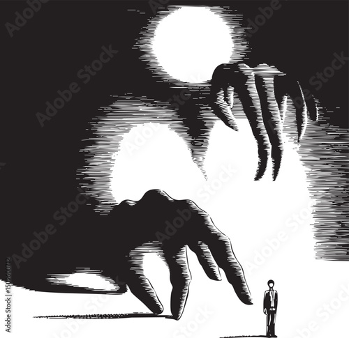 solitary figure stands before a colossal looming hand illuminated by a radiant moon.