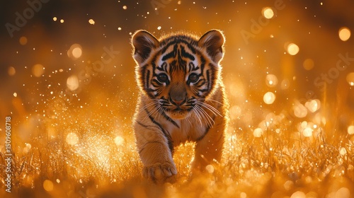 A baby tiger cautiously stepping through the grass, soft morning light, minimal background, gentle and warm color tones, ultra-sharp fur texture 