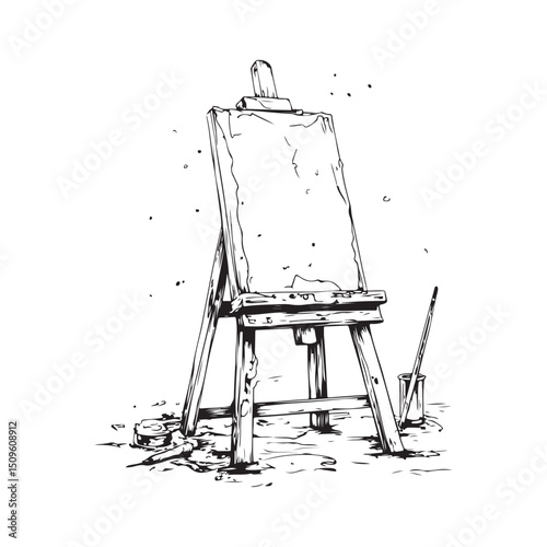 Single one line drawing paint brushes easel in paint brush container with painting canvas, A blank canvas will soon be painted with amazing art, Continuous line design graphic illustration