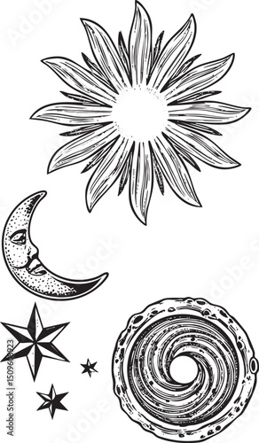 stylized black and white features a radiant sun a moon with a smiling face and a swirling .