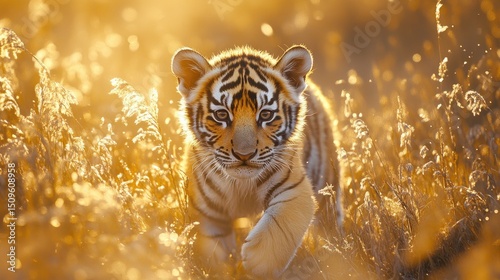 A baby tiger cautiously stepping through the grass, soft morning light, minimal background, gentle and warm color tones, ultra-sharp fur texture 