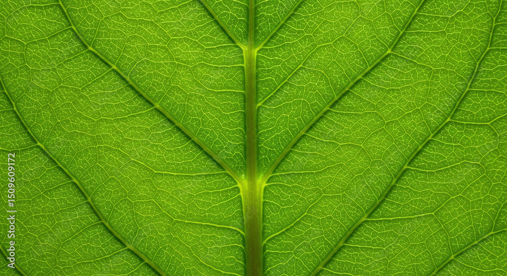 Obraz premium Close-up green leaf texture, detailed veins and dew drops, vibrant and fresh