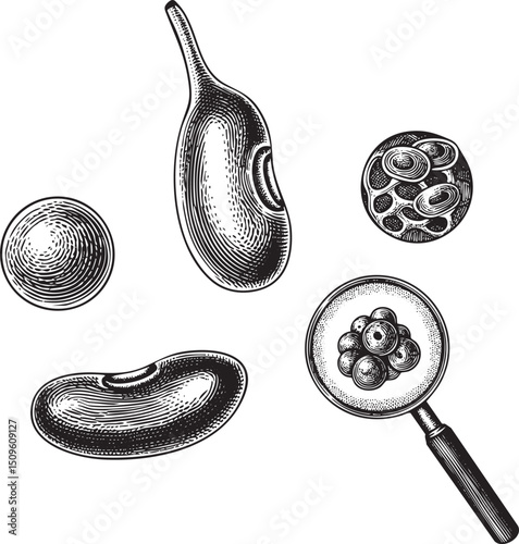 detailed black and white showcases various organic shapes and cellular structures.