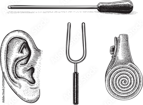 Black and white depicts an ear a tuning fork and an ear cleaning tool.