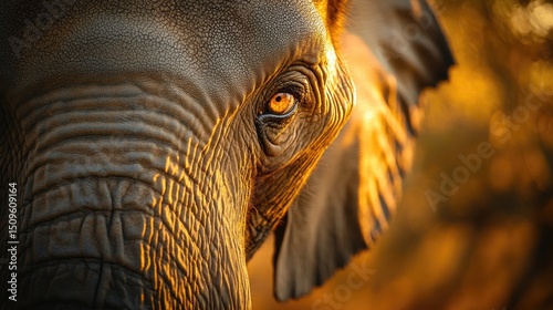 A close-up of an African elephantâ€™s eye and textured skin, warm golden light, soft neutral tones, minimalistic background, high-resolution wildlife portrait