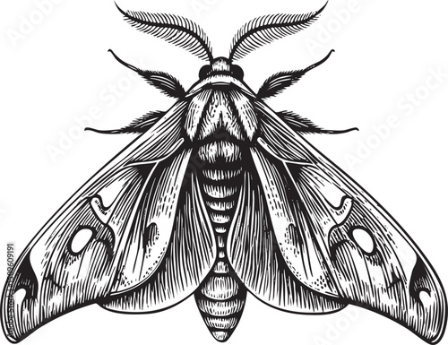 detailed black and white of a large moth perched on a branch.