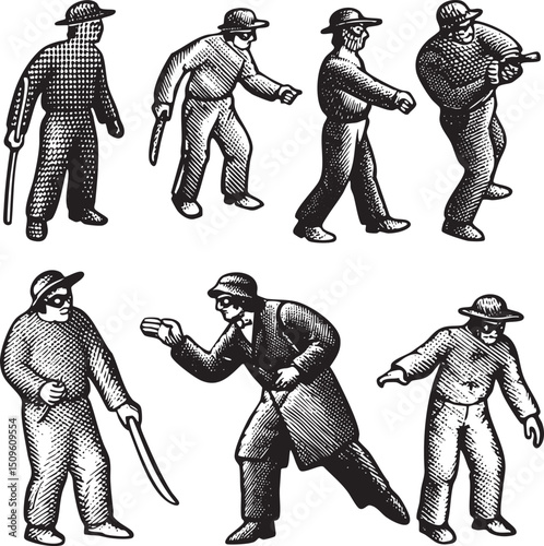 Six monochrome figures of Victorian-era gentlemen in various poses.