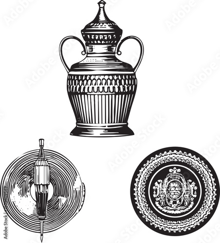 detailed black and white showcases a decorative ornate vessel with handles alongside a circular medallion and a cylindrical object.