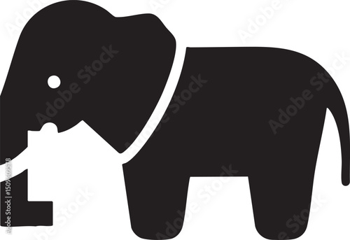 stylized black and white elephant stands upright.