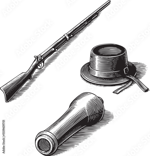 vintage rifle rests beside a black hat and a wooden cane.