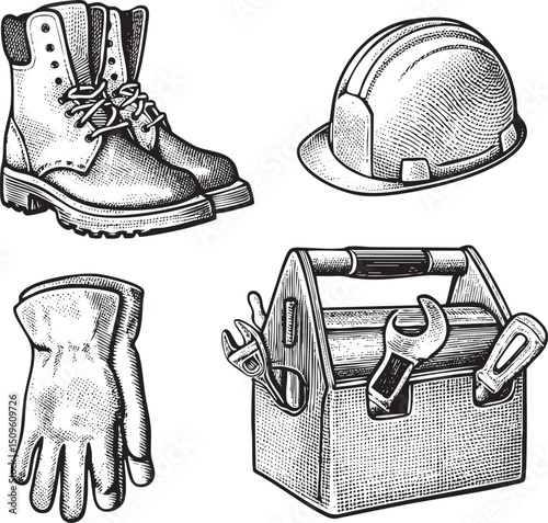 black and white showcases safety equipment for construction work.
