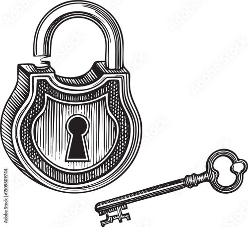 detailed padlock and key rest on a white background.