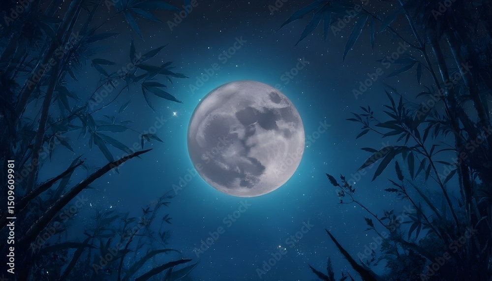 Fototapeta premium Night sky with a full moon and stars, surrounded by bamboo leaves and trees , blue color palette, dreamy atmosphere, nature scene