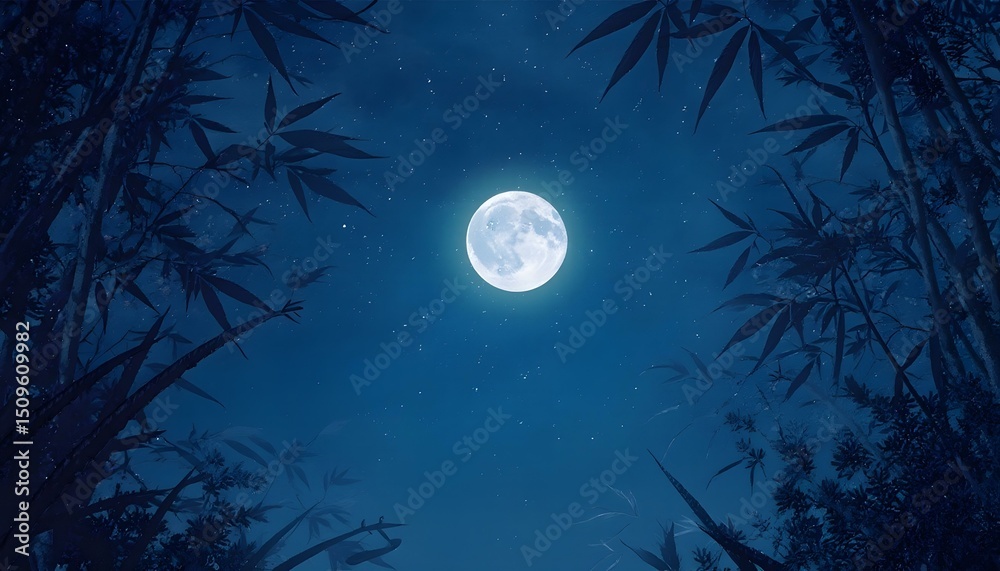 Fototapeta premium Night sky with a full moon and stars, surrounded by bamboo leaves and trees , blue color palette, dreamy atmosphere, nature scene 